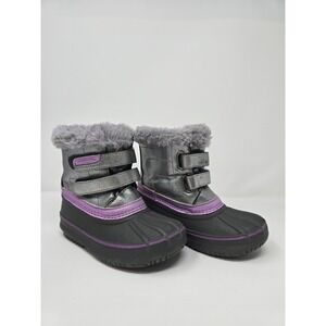 London Fog Girls Winter Snow Boots Gray Purple Faux Fur Size 11M Waterproof